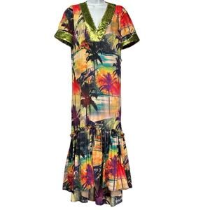 Le Superbe Palm Tree Sunset Maxi Dress Sequin Trim Hollywood Size S